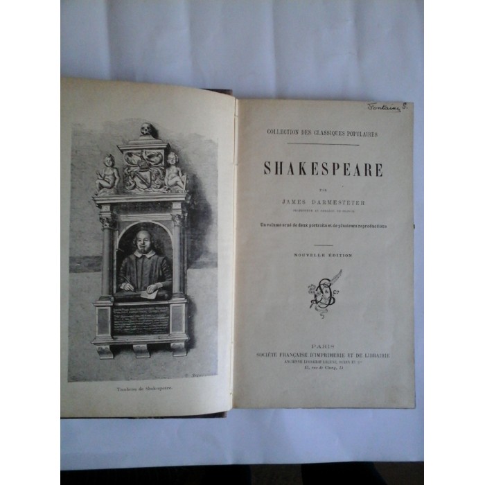  SHAKESPEARE  -  par  JAMES  DARMESTETER  Un volume orne de deux portraits   -  Paris  